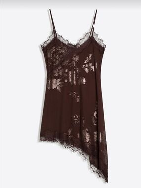 Lace-Trim Dark Brown Floral Print Slip Dress